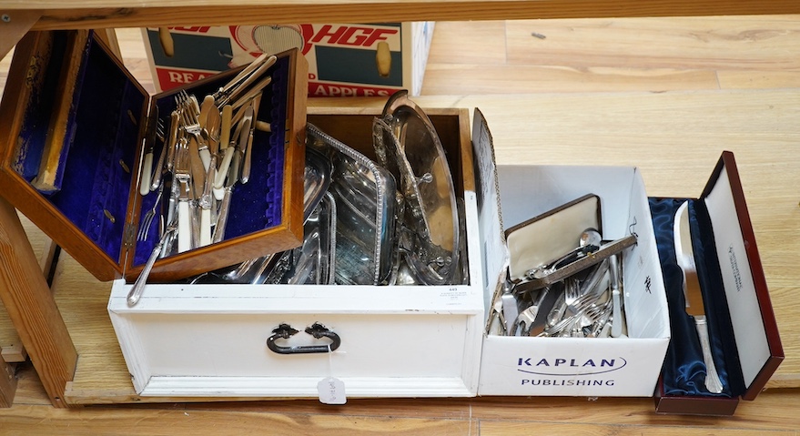 A quantity of silver plate to include cutlery, dishes, a wine coaster, etc. Condition - varies, poor to fair